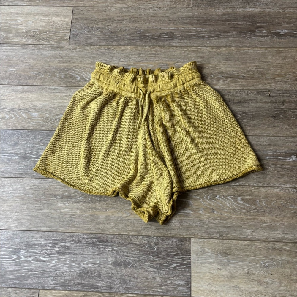 Free People Summertime Blues Shorts Sz L Golden Palm Knit Boho Beach Lounge Cozy